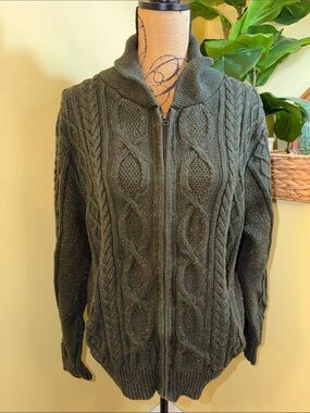 L L Bean Forest Green Organic Cotton Cable Zip Cardigan with Flecked Yarn Medium